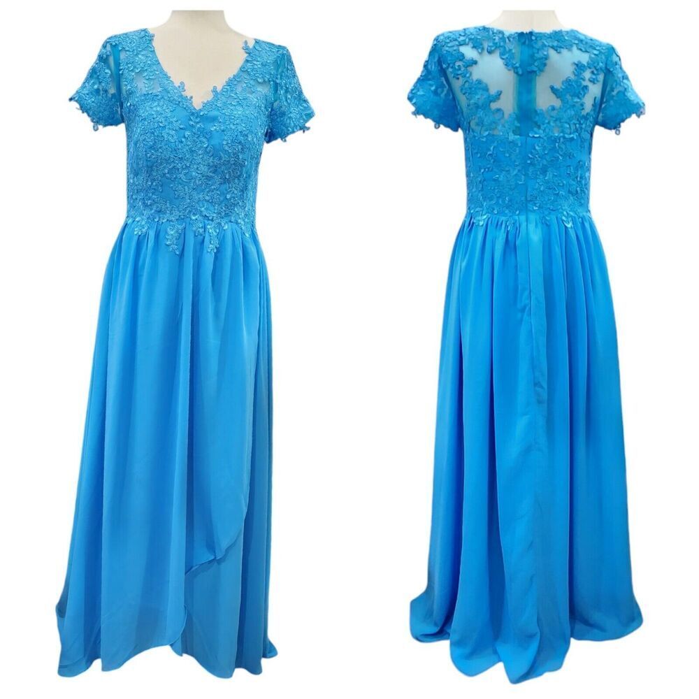 Elegant Blue Chiffon Lace Detail Maxi‎ Bridesmaid or Wedding Guest Dress Size 10